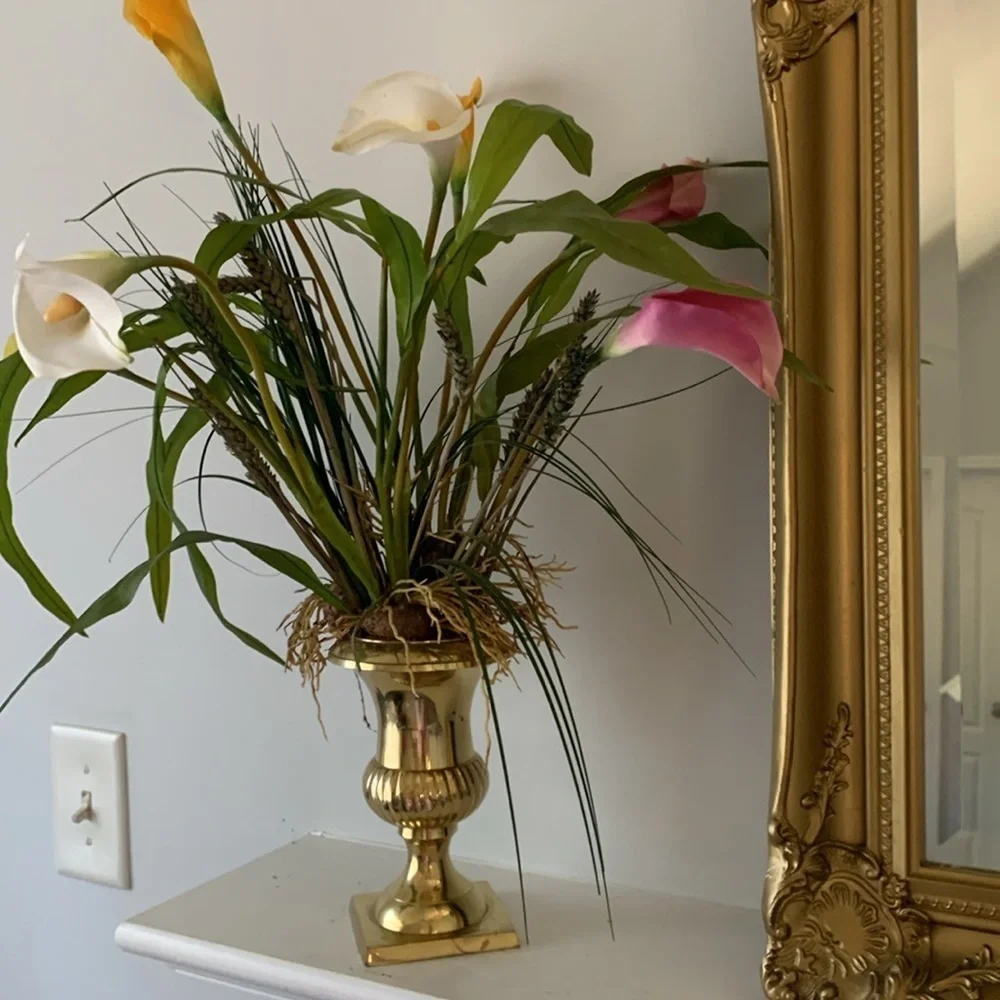 Brass pedestal‎ vase calla Lilly arrangements dry and faux greenery home decor